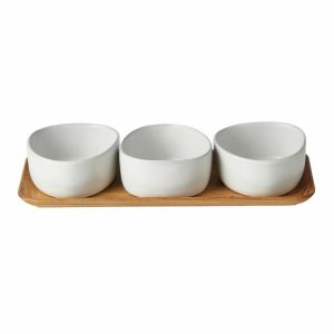 Raw Organic Bowl Set With Wooden Tray | Tableware Serving Platters & Dishes Bowls & Serving Dishes Arctic White